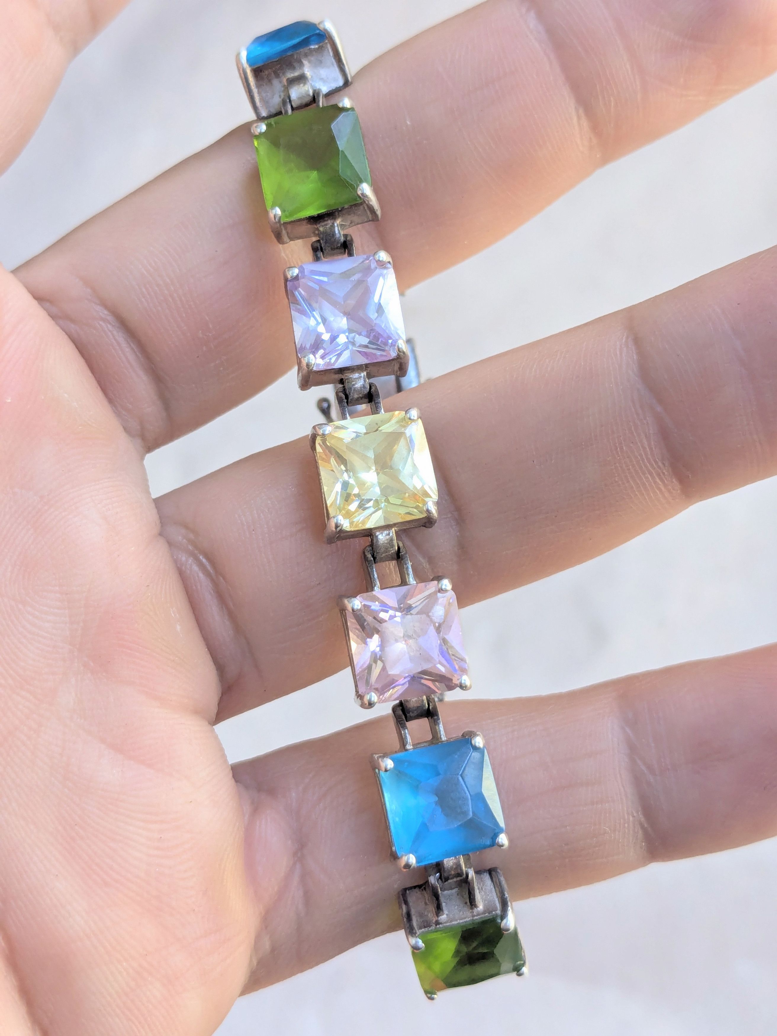 Sterling Silver Sterling Silver Tennis Bracelet Rainbow Square 7.5" Y2K Size ONE SIZE - 13 Thumbnail