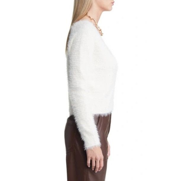 Other Open Edit Ivory Eyelash Fluffy Knit Cropped Cardigan Size XS / US 0-2 / IT 36-38 - 3 Thumbnail