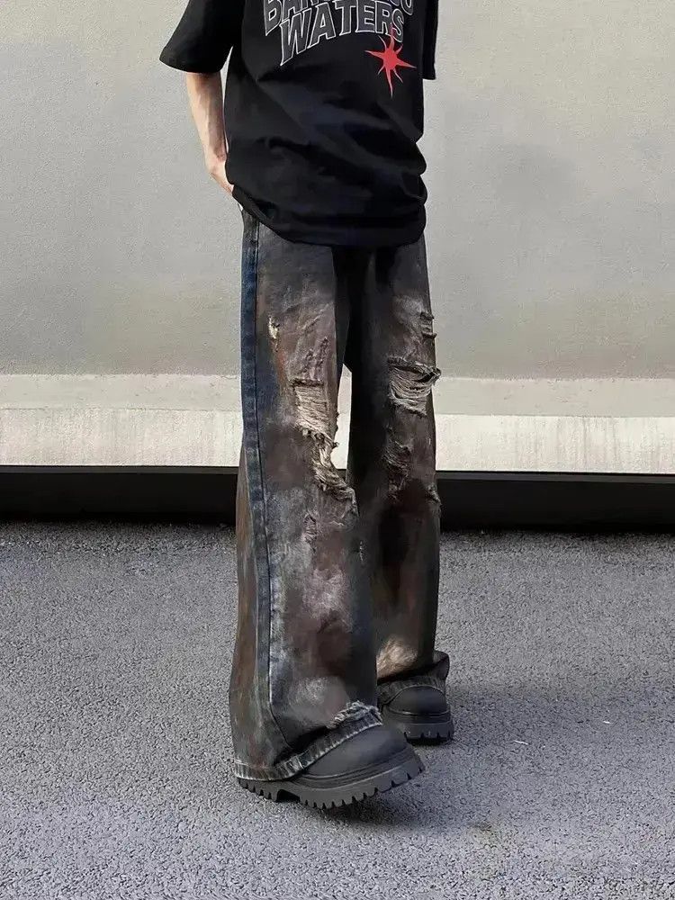 Japanese Brand Retro loose fitting straight leg distressed jeans Size US 32 / EU 48 - 1 Thumbnail