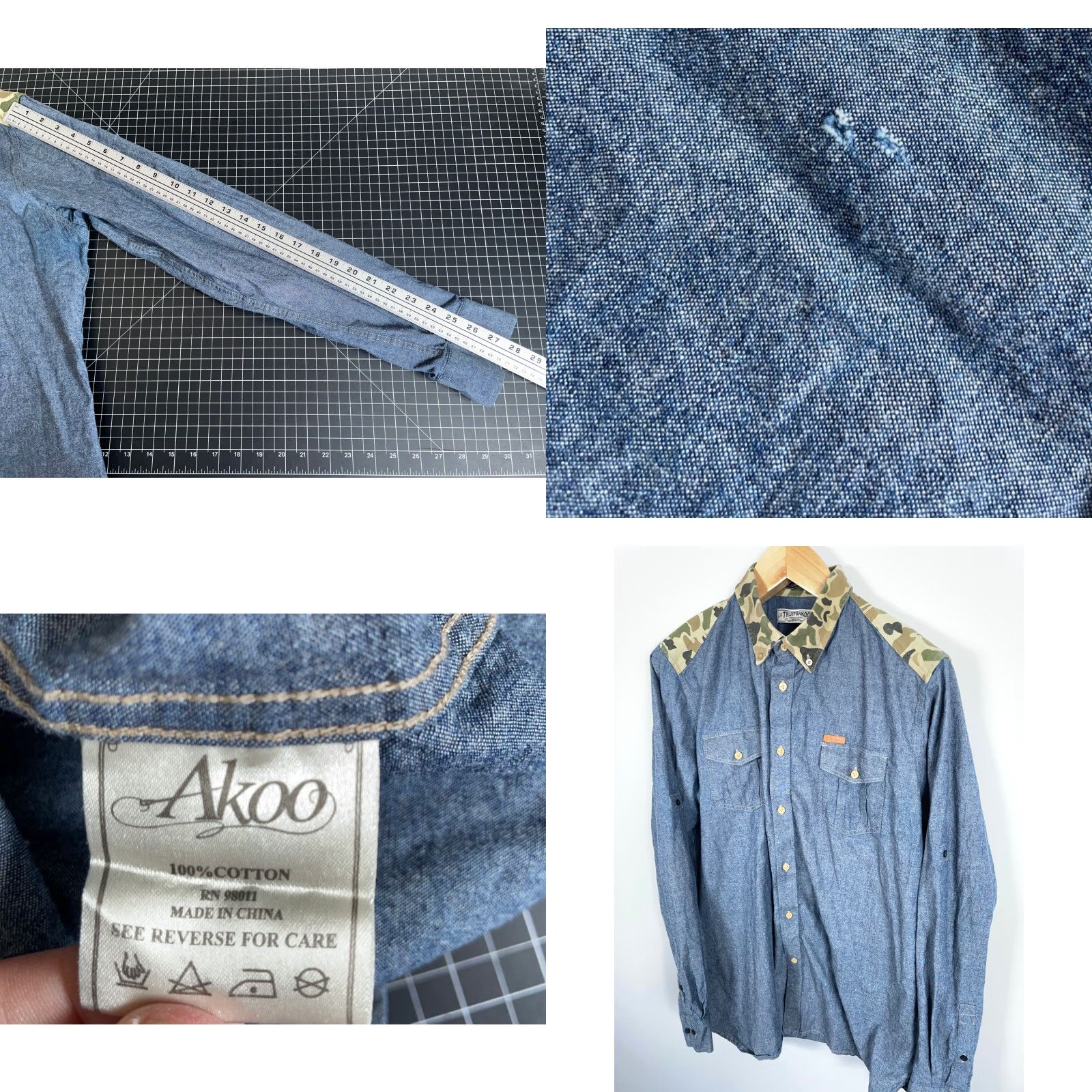 YOKE AKOO Chambray Shirt Mens XL Blue Green Camo Yoke Trim Streetwear Camouflage Button-Up Juniors None Size US XL / EU 56 / 4 - 8 Thumbnail