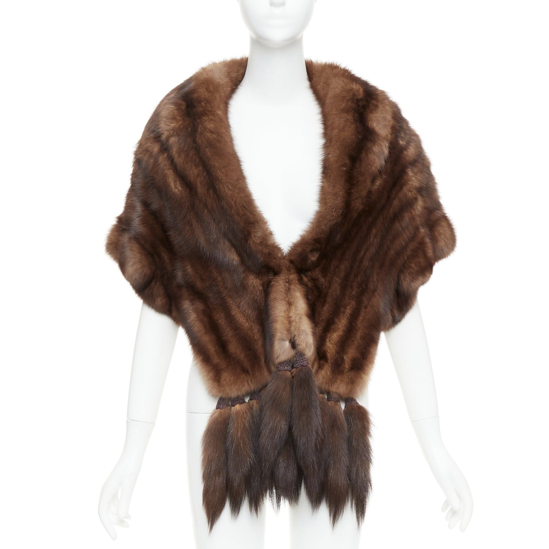 Other FLAMINGO brown real Russian fur tassel tiered shawl scarf stole Size ONE SIZE - 1 Thumbnail