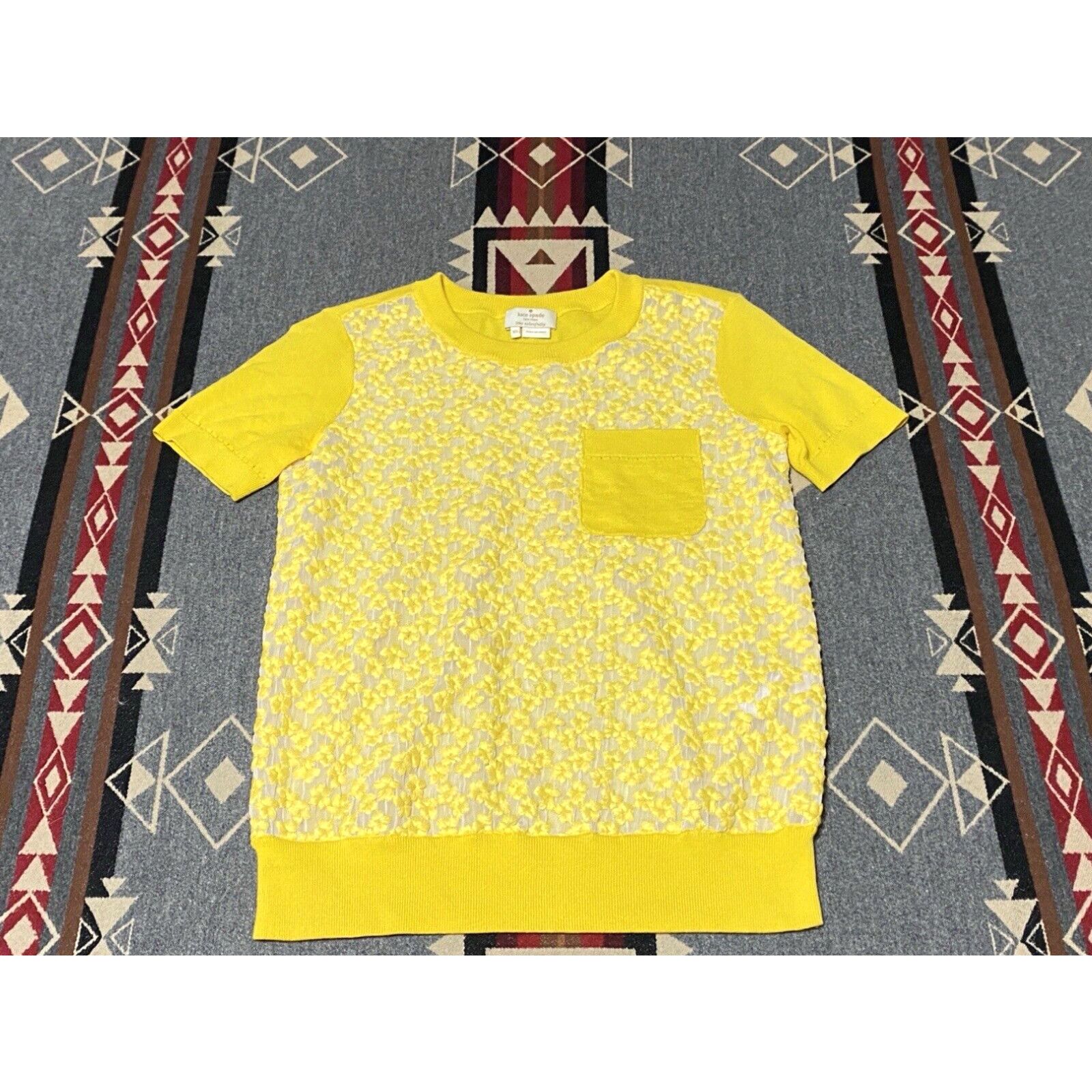 Image of Vintage Kate Spade Womens Size Xs Sweater Floral Yellow Sheer Short Sleeve Njmu2335 T61 in White