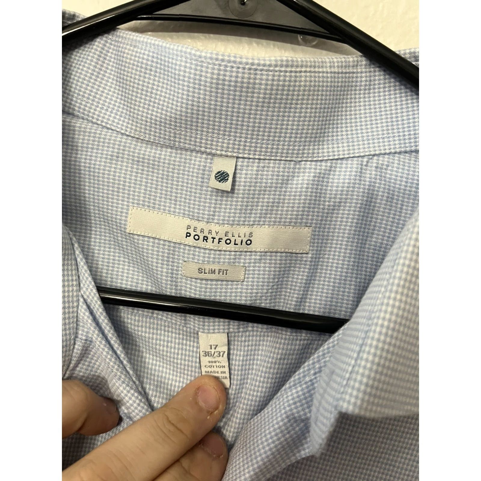 Perry Ellis Perry Ellis Portfolio Mens Slim Fit Long Sleeve Shirt Blue Check 17 36/37 Shirt Slim Mens Blue Check 17 Size US XL / EU 56 / 4 - 3 Thumbnail
