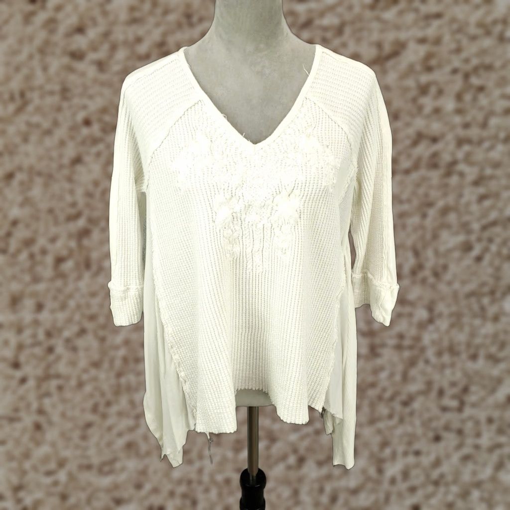 Vintage KARYN SEO Top Womens XL White Fringe Hem Waffle Knit Boho V-Neck Pullover Shirt Size XL / US 12-14 / IT 48-50 - 1 Thumbnail