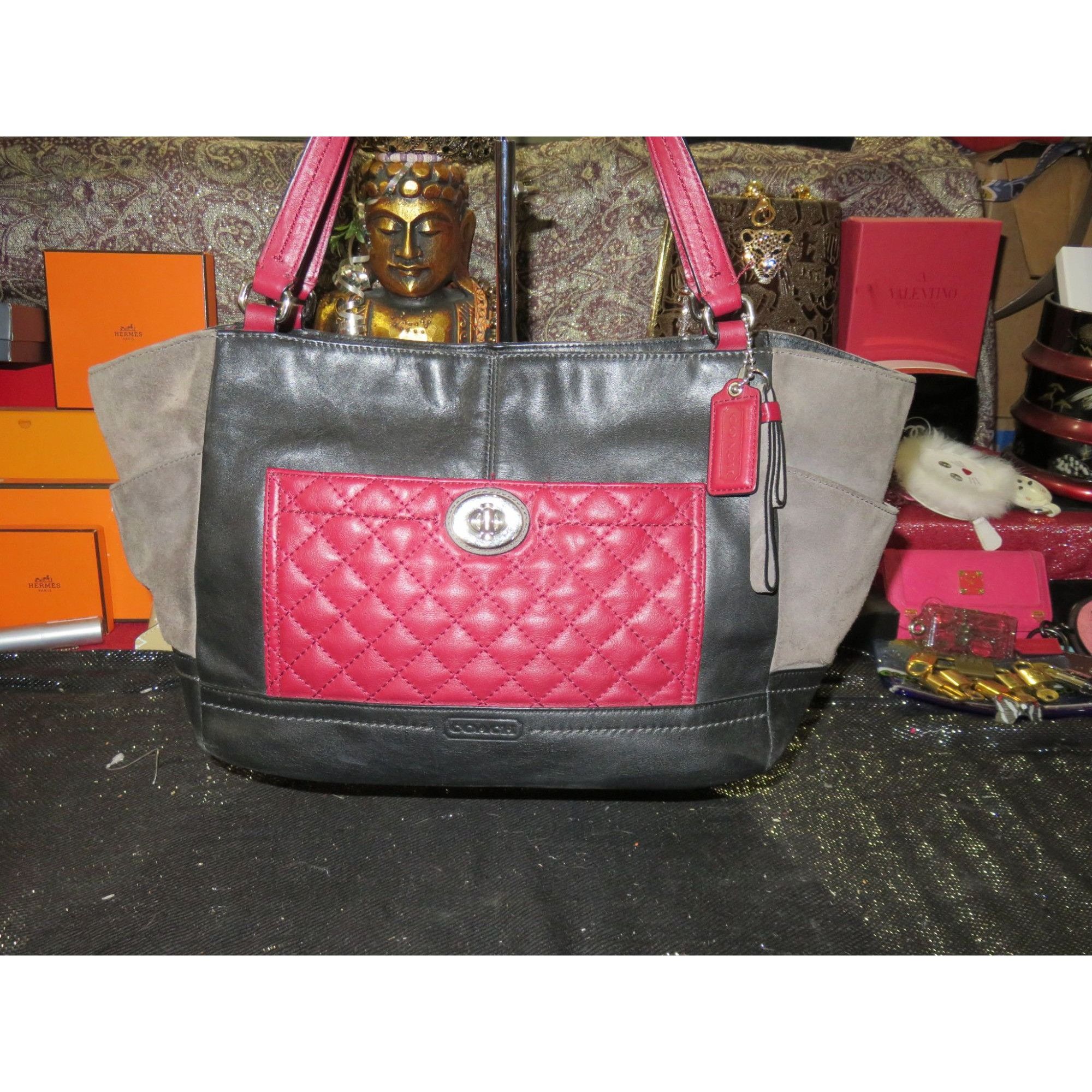 image of Coach Park Quilted Turn Lock Color Block Suede & Leather Tot in Grey, Women's