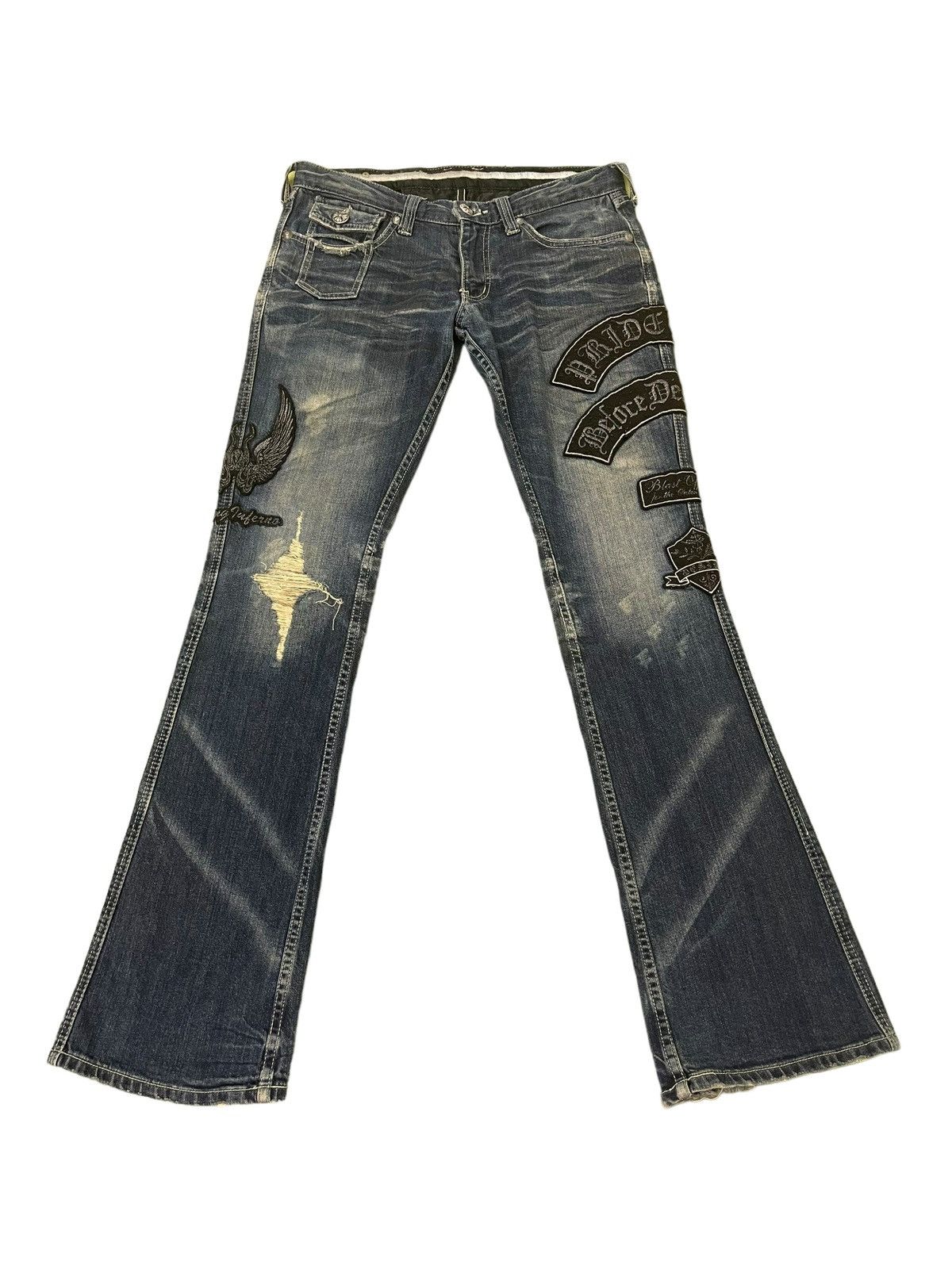 Japanese Brand Flare Jeans Army of No Faded Distress Low Rise Boot Cut 8🟦8 Size US 30 / EU 46 - 2 Thumbnail