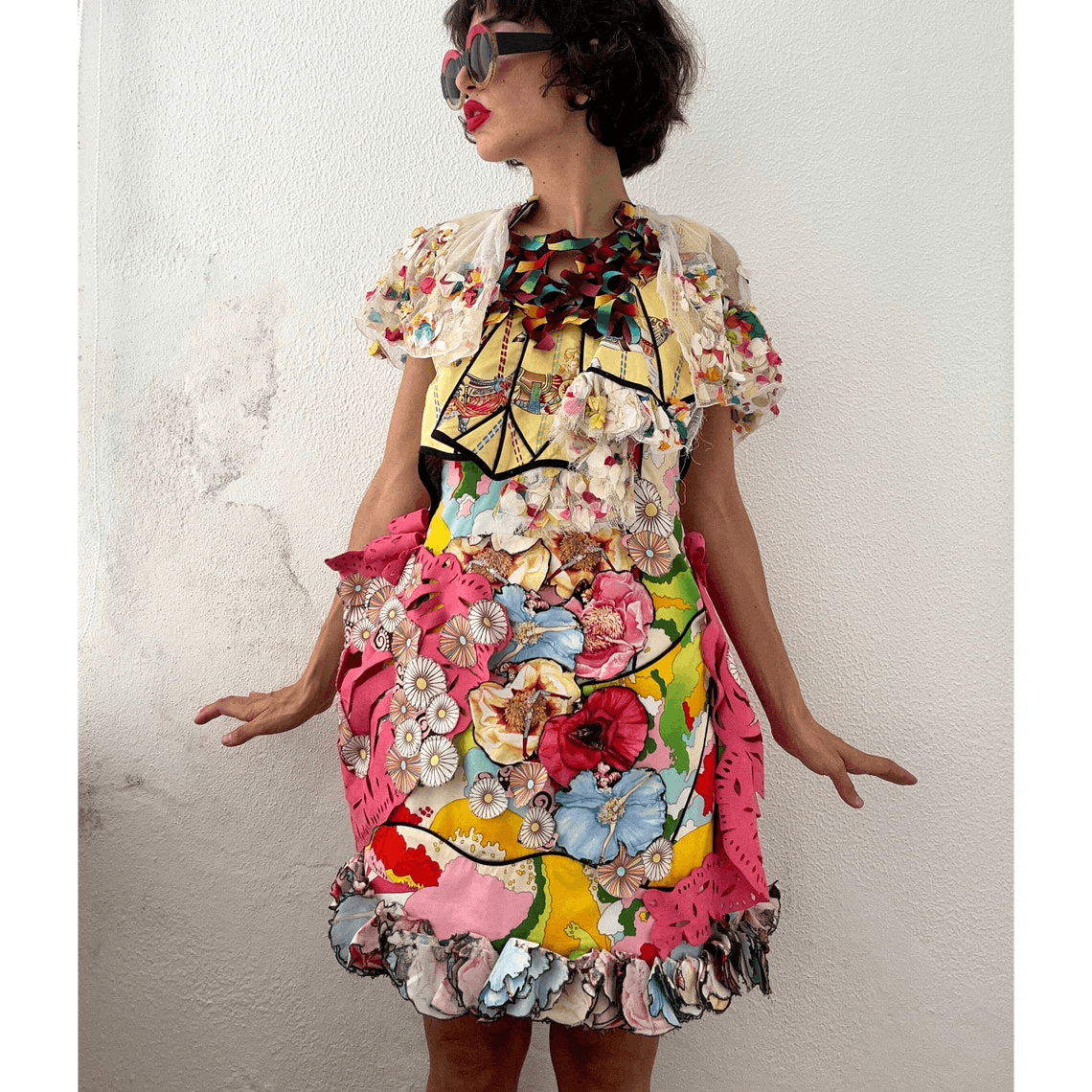 Designer patchwork cotton colorful avant garde mini dress