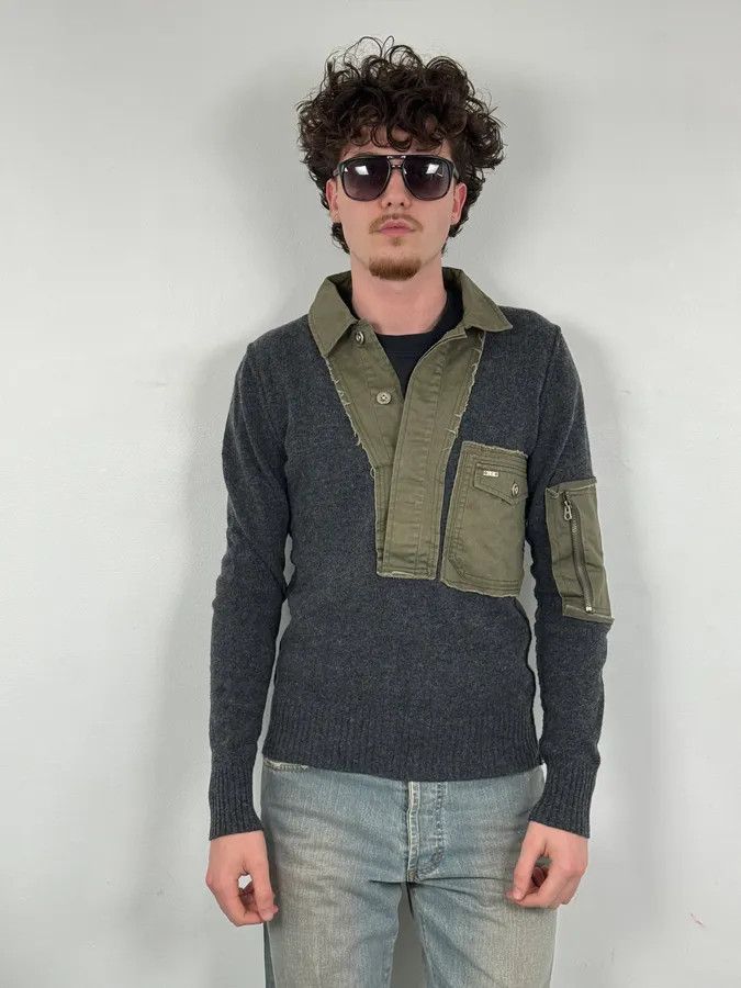 Diesel 2000s Diesel Khaki Patchwork Grey Wool Polo Sweater Size US M / EU 48-50 / 2 - 2 Thumbnail