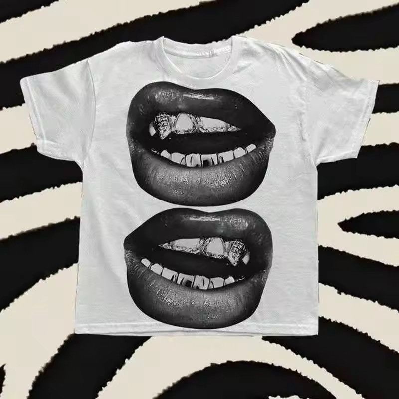 Japanese Brand Street Y2K Mouth Big Lips Gold Teeth Graphic White T-Shirt Size US XL / EU 56 / 4 - 1 Thumbnail