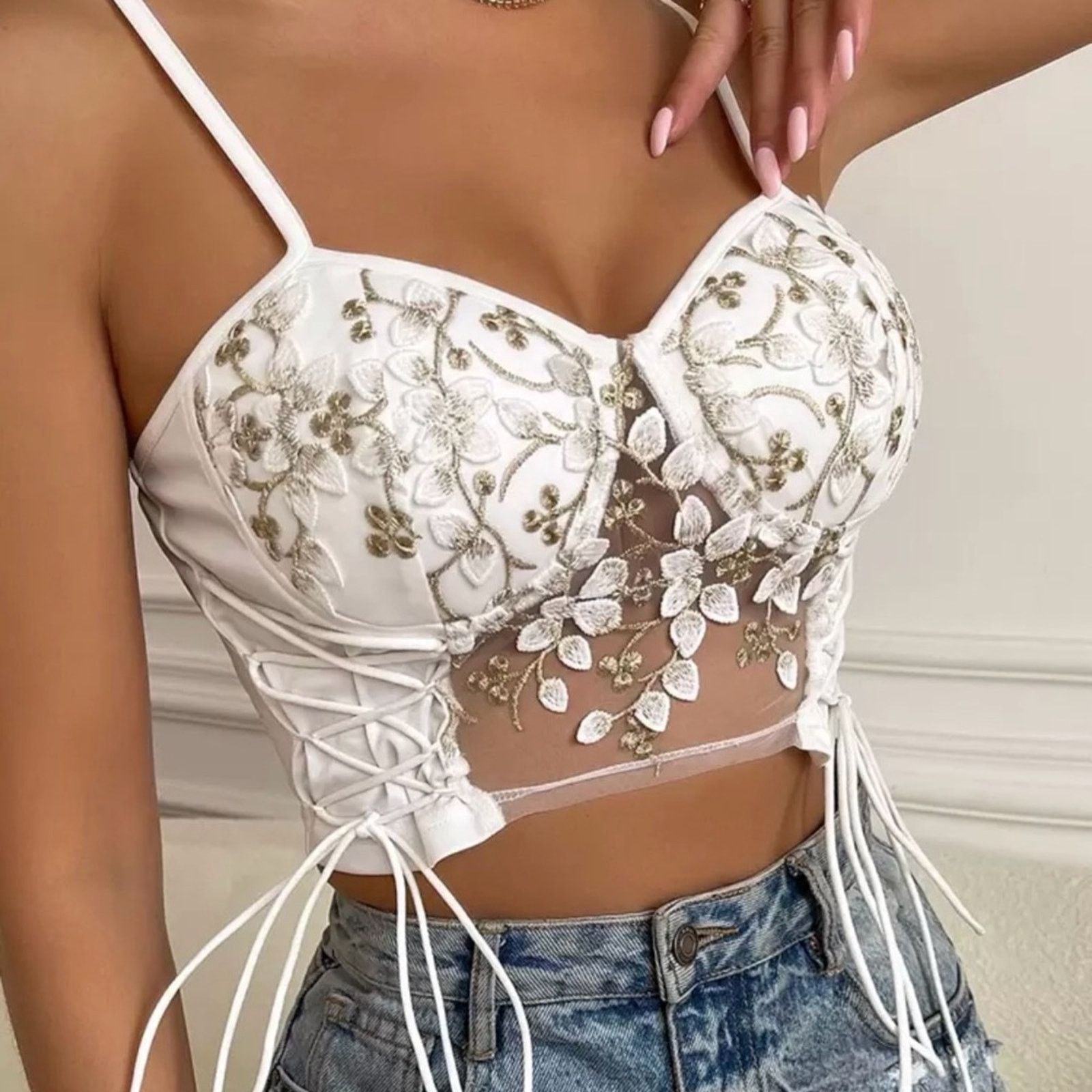 Other New Y2K Chic White Floral Lace-Up Crop Top size S Size S / US 4 / IT 40 - 4 Thumbnail