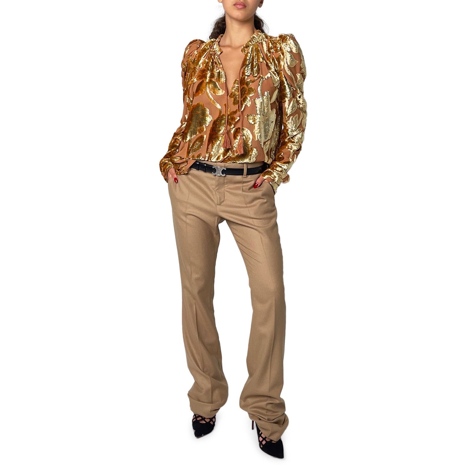 Ulla Johnson Velvet Gold & Pink Blouse with Tie Neck Size M / US 6-8 / IT 42-44 - 2 Thumbnail