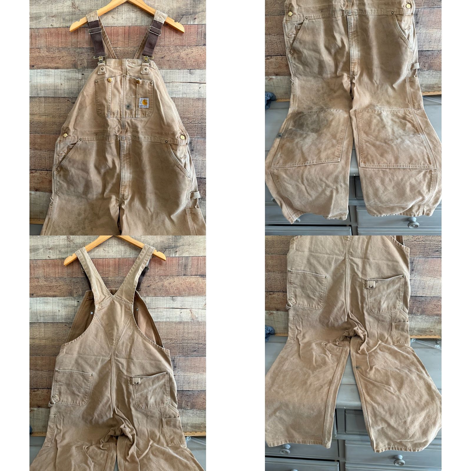 Carhartt VINTAGE Carhartt R01 BRN Men's 44x30 Khaki Duck Carpenter Bib Overalls Distressed Lot 2 pairs Size US 44 / EU 60 - 8 Thumbnail