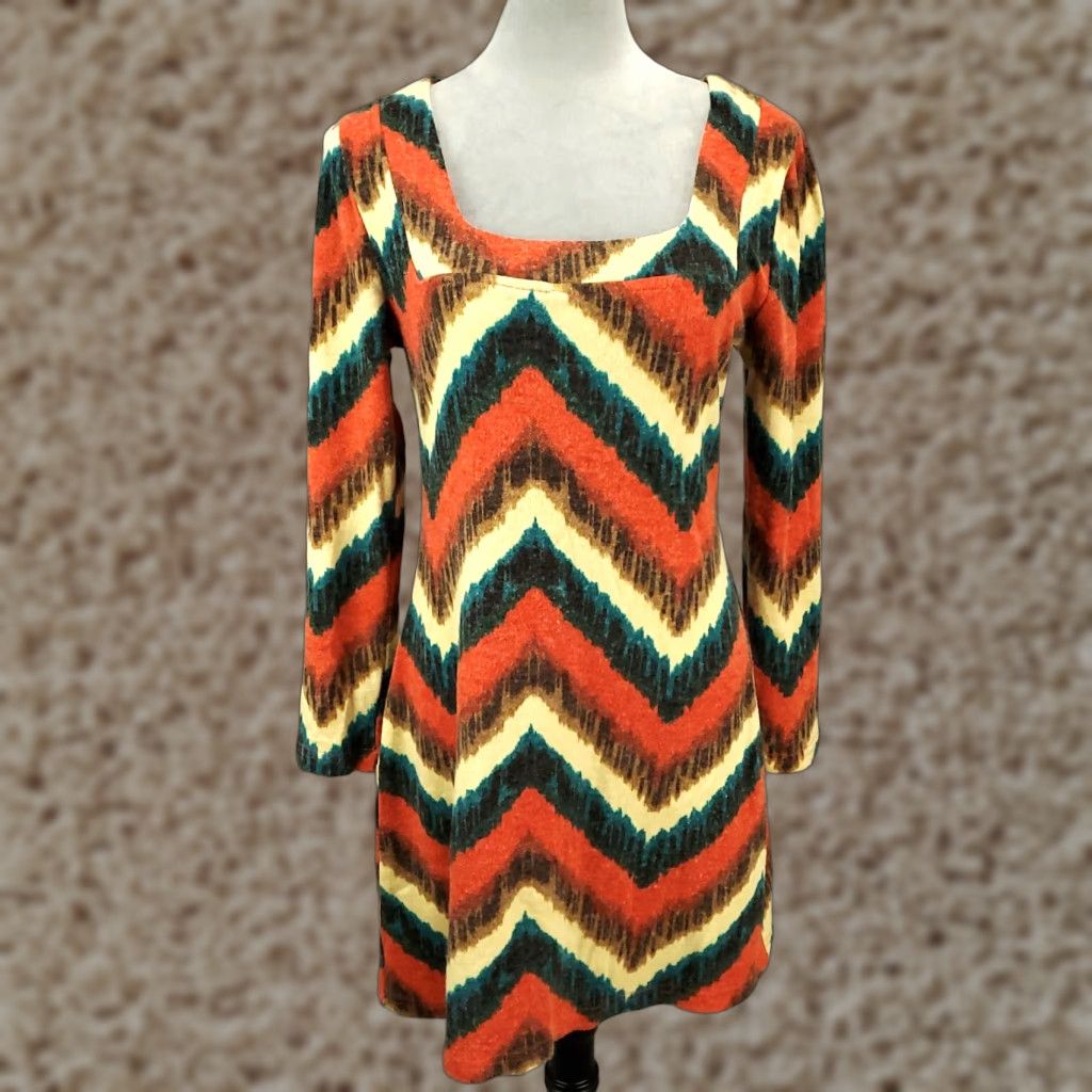 Anthropologie Aryeh Dress Womens L Boho Chevron Orange Blue Mini Short Shift Sweater Knit Geometric Casual Size 36" / US 14 / IT 50 - 1 Thumbnail