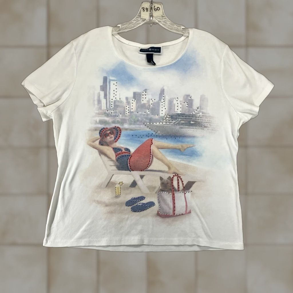 Vintage VINTAGE Karen Scott Shirt XL White Beach Cityscape Scenery Bling Rhinestone Knit Polyester Cotton 90s Retro Geometric Womens Size XL / US 12-14 / IT 48-50 - 1 Thumbnail