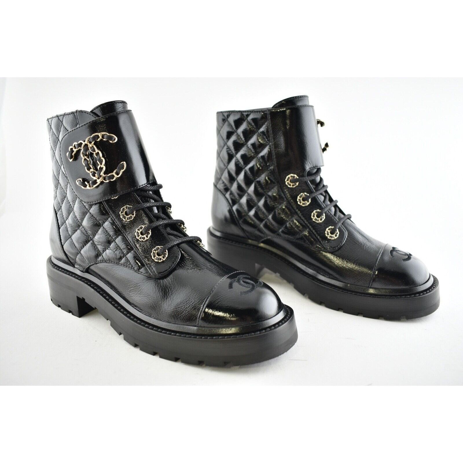 Chanel 21A Patent Quilted Gold CC Chain Combat Ankle Short Boot 40 Size US 10 / IT 40 - 2 Thumbnail