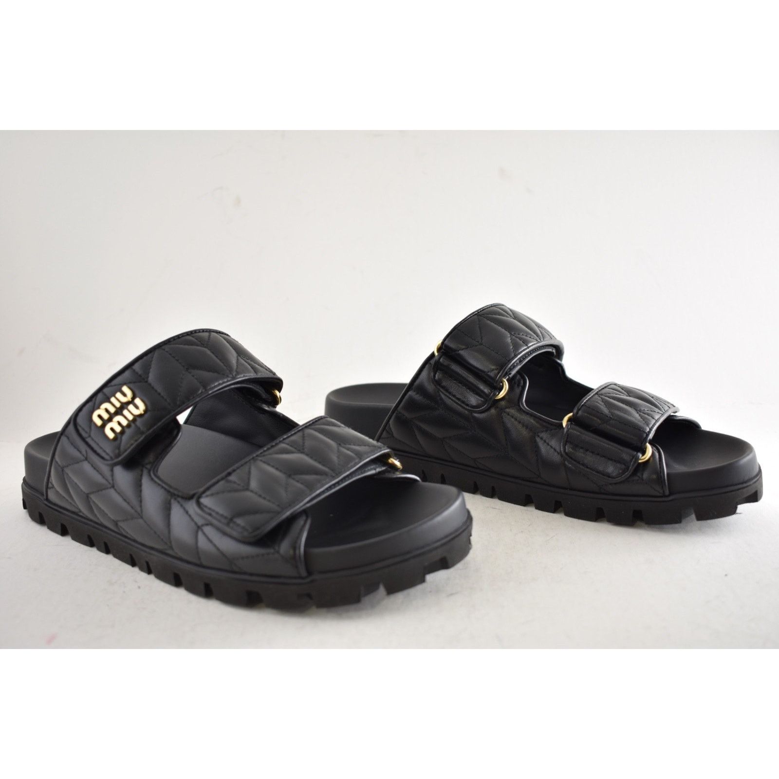 Miu Miu Miu Miu Matelasse Black Gold Logo Flat Slide Sandal 39 Size US 9 / IT 39 - 4 Thumbnail
