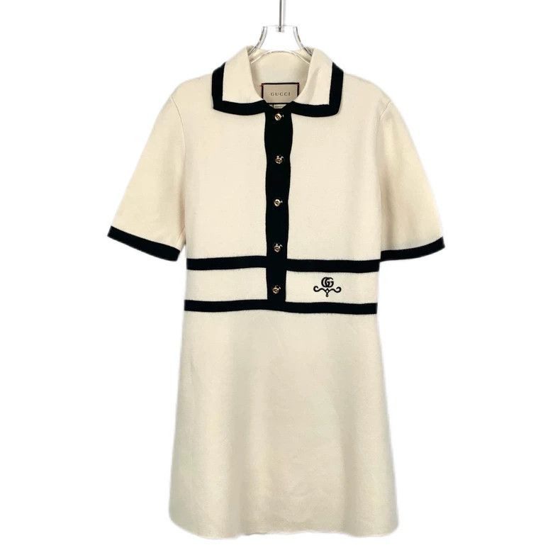 Gucci GucciBeige logo embroidered wool lapel short-sleeved dress Size L / US 10 / IT 46 - 1 Thumbnail