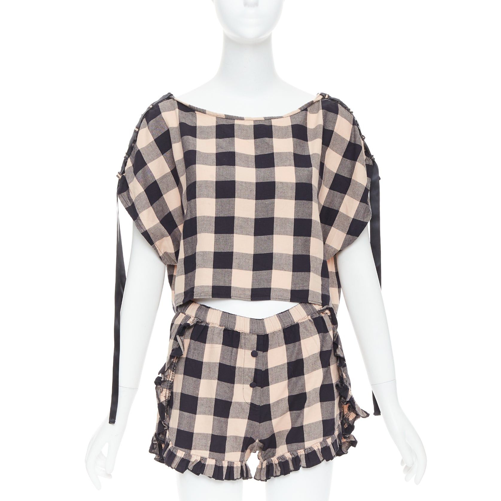 Other MORGAN LANE peach black cotton ribbon trim checkered top short set P Size S / US 4 / IT 40 - 1 Thumbnail