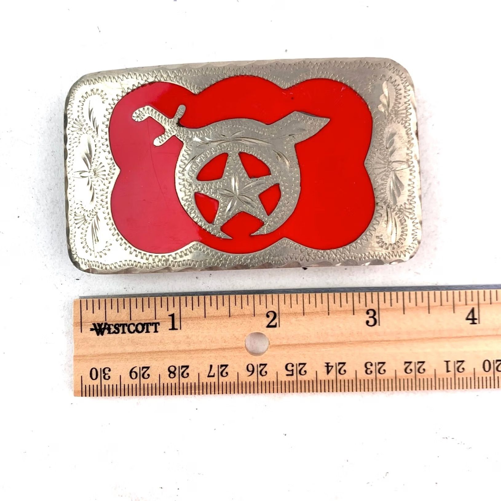 Vintage VINTAGE Shriner Masonic Western Flair Belt Buckle Red Silver Hand Engraved Mens Belt Buckle Size ONE SIZE - 5 Thumbnail
