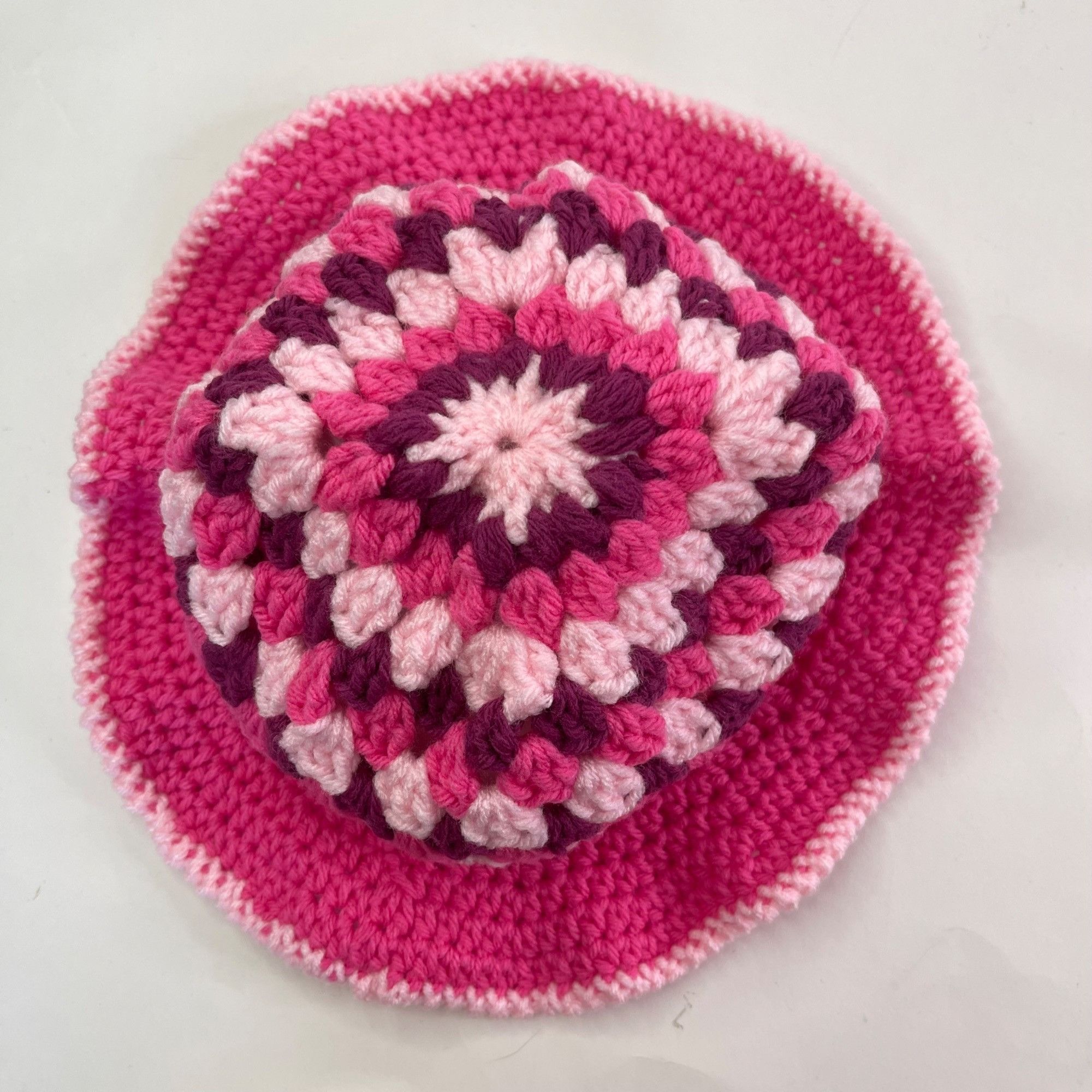 Handmade Crochet Bucket Hat Granny Square Pattern Pink and Burgundy A Size ONE SIZE - 5 Thumbnail