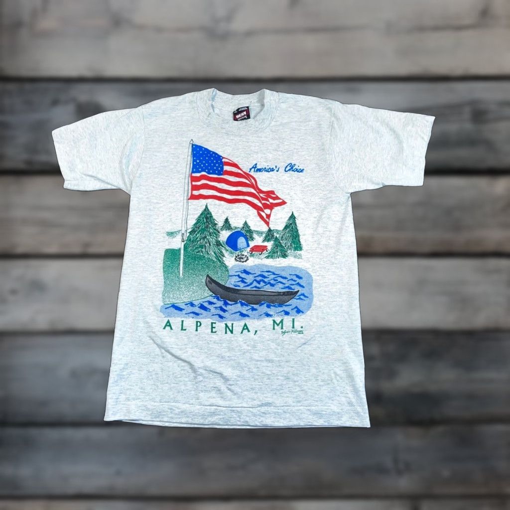 Fruit Of The Loom VTG 90s Alpena Michigan Lake Print T-Shirt Adult S Gray Fruit of the Loom Short Sleeve Crew Neck 50/50 Vintage Men's Shirt Size US S / EU 44-46 / 1 - 1 Thumbnail
