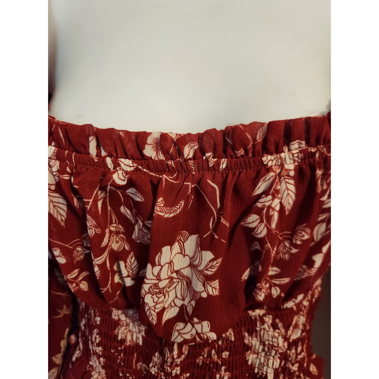 Vintage Trixxi Red Floral Smocked Waist A-Line Mini Dress M Women Boho Hippie Night Casual Party/Cocktail Travel Long Sleeve Round Neck Size 32" / US 10 / IT 46 - 2 Thumbnail