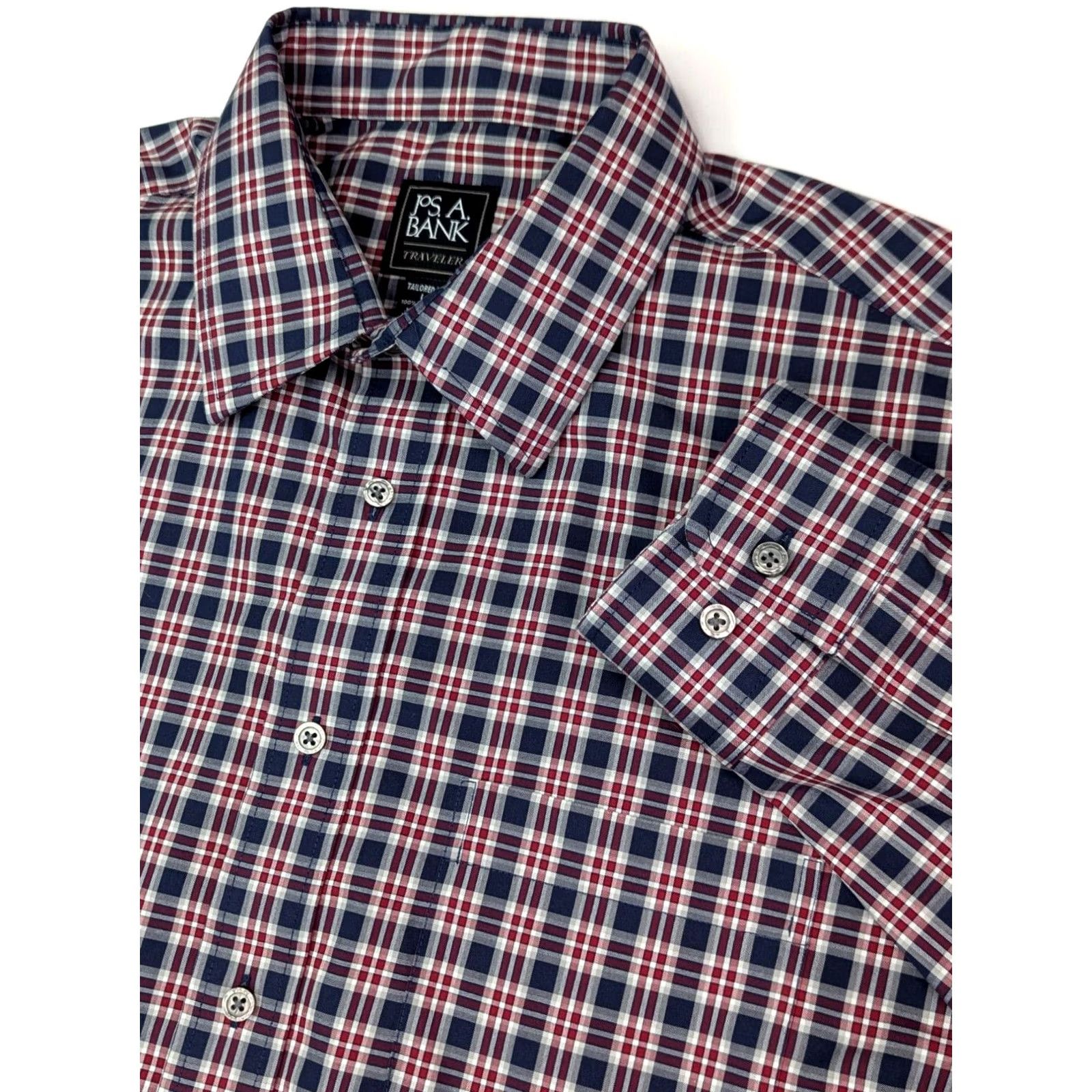 Jos. A. Bank Jos. A. Bank Travelers Collection Button-Up Shirt Men L Plaid Red Blue Seasonal All Seasons, Fall Winter, Spring, Travel, Pocketed, Regular Fit Size US L / EU 52-54 / 3 - 2 Thumbnail