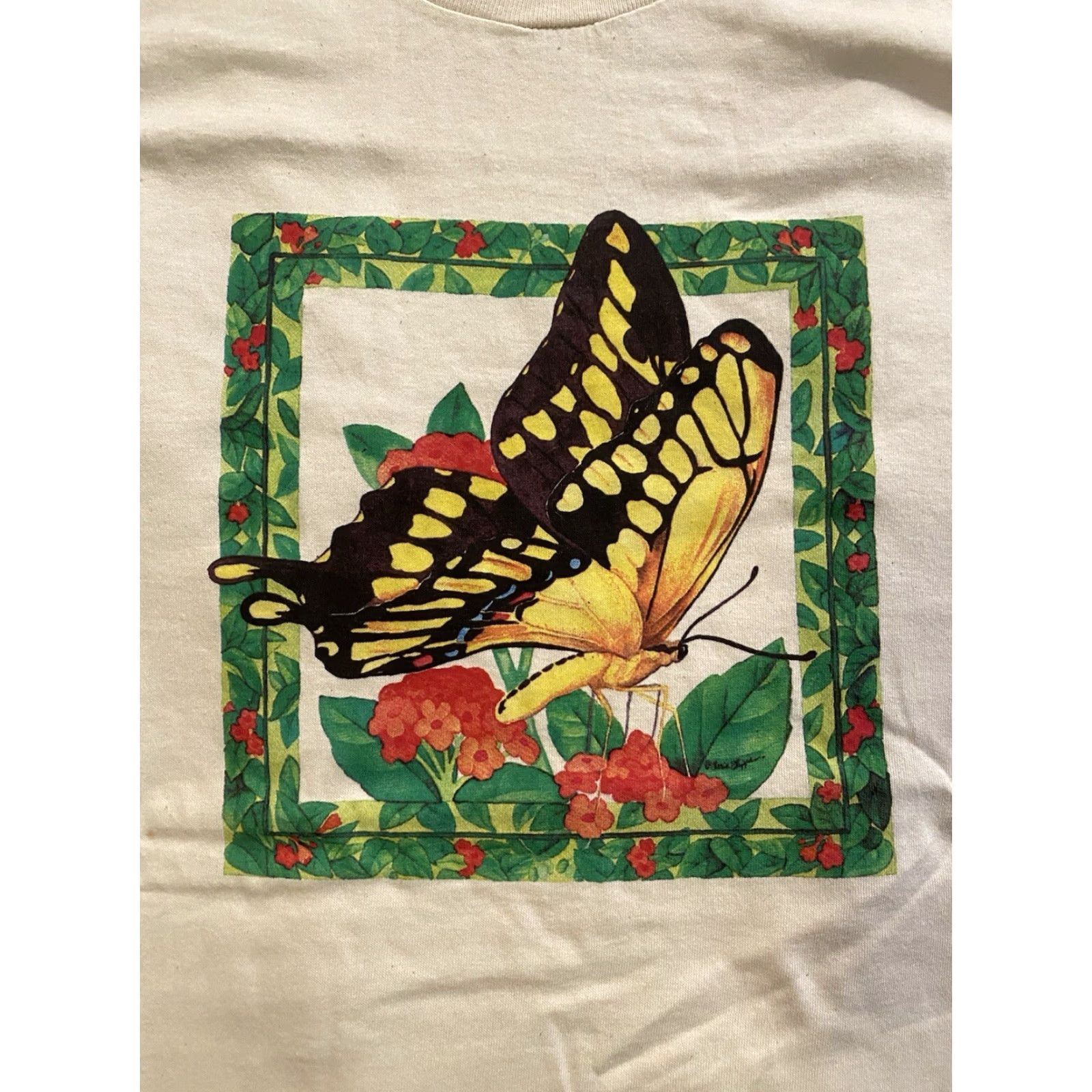 Delta VINTAGE Delta T-Shirt 90s Butterfly Art Ivory L Men's Short Sleeve Crew Neck Deadstock NWOT Single Stitch Shirt Size US L / EU 52-54 / 3 - 2 Thumbnail