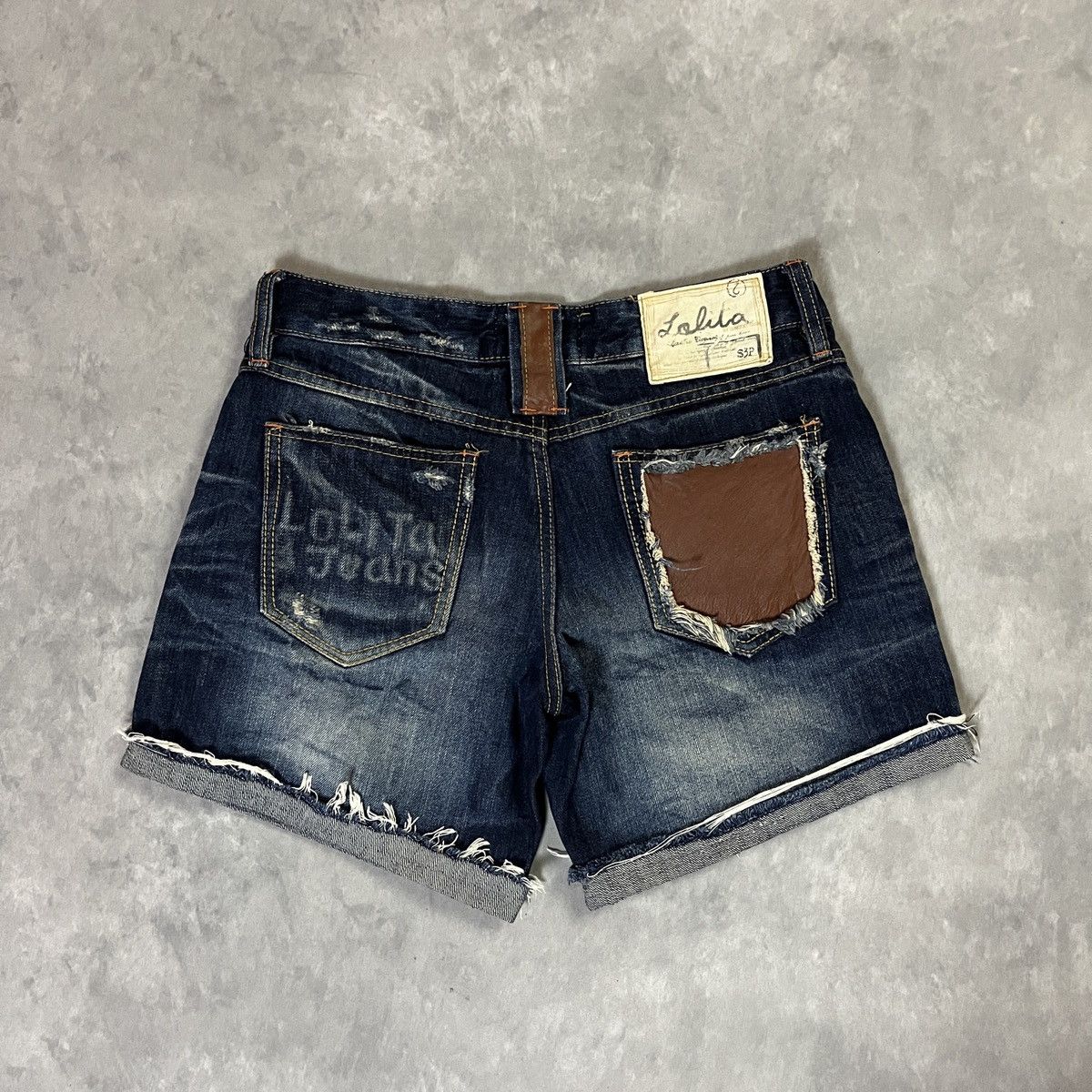 Japanese Brand 2000s Lolita Jeans - Distressed y2k Shorts Leather Pocket Size 33" - 10 Thumbnail