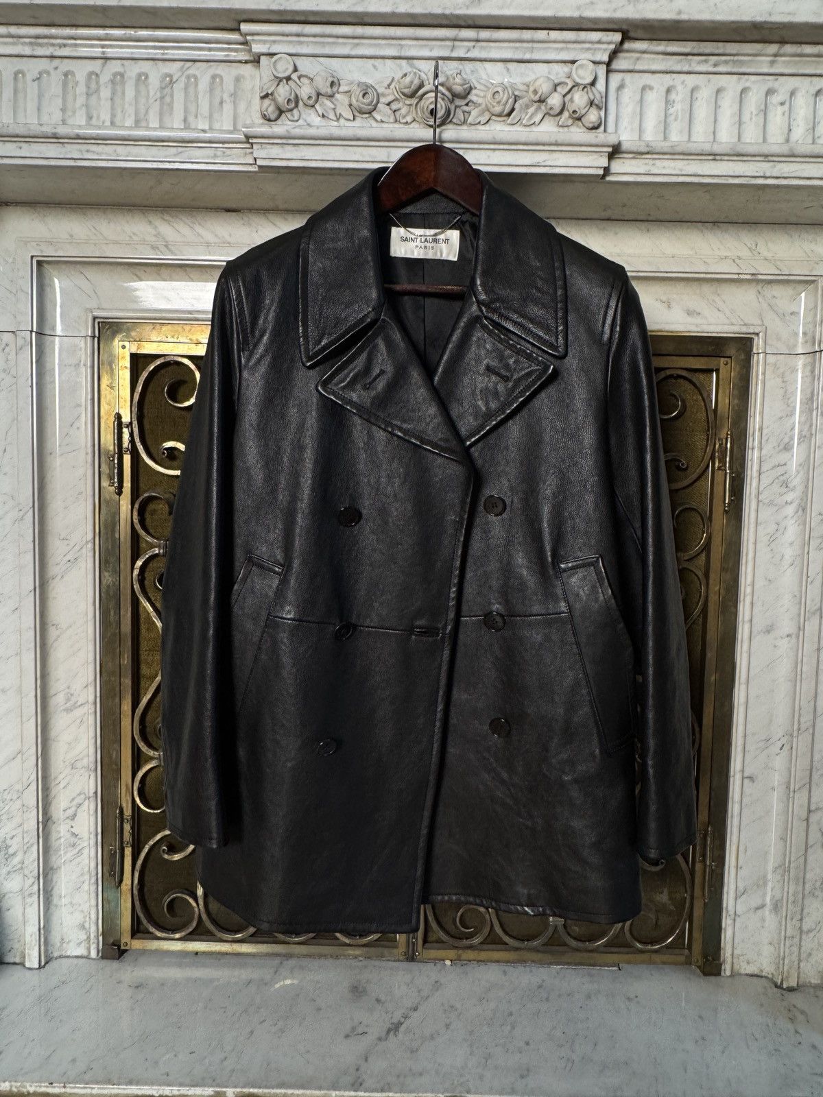Saint Laurent Paris FW17 Double Breasted Coat in Black Textured Leather Size US L / EU 52-54 / 3 - 1 Thumbnail