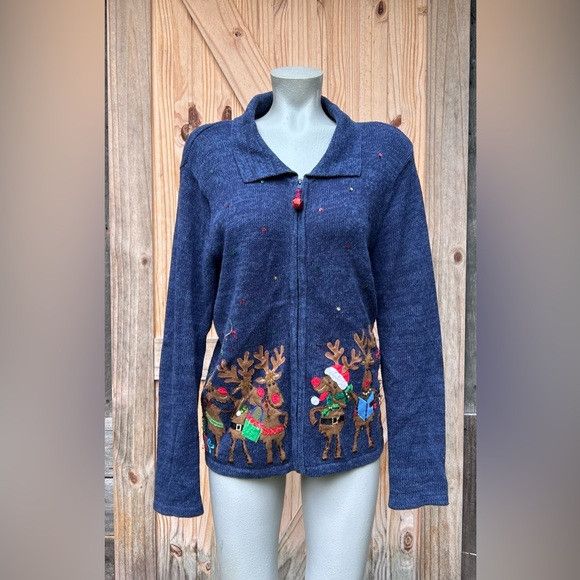 Other Vintage Tiara Blue Reindeer Christmas Cardigan Sweater Size L / US 10 / IT 46 - 1 Thumbnail