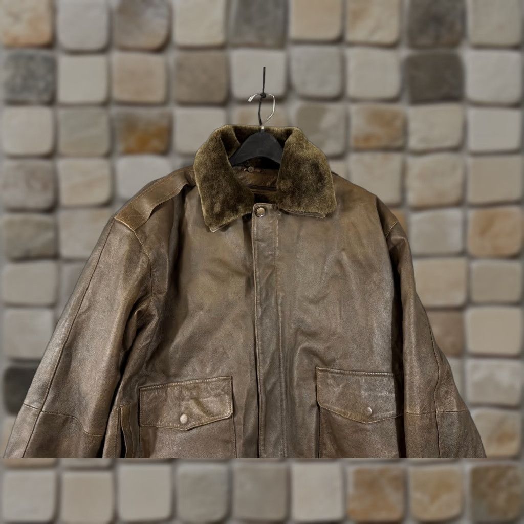 Vintage Aviator Bomber Jacket Mens XL Brown Green Genuine Leather Removable Liner Zipper Jacket Size US XL / EU 56 / 4 - 1 Thumbnail
