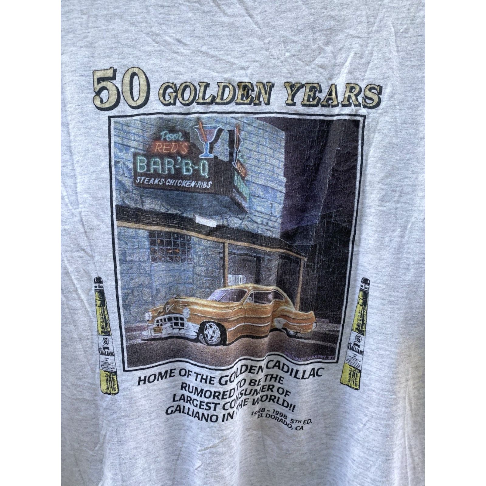 Vintage VINTAGE Oneita Poor Reds BarBQ 50 Golden Years Pocket Tee XL Red Mens T-Shirt California Cars 1990s Size US XL / EU 56 / 4 - 7 Thumbnail