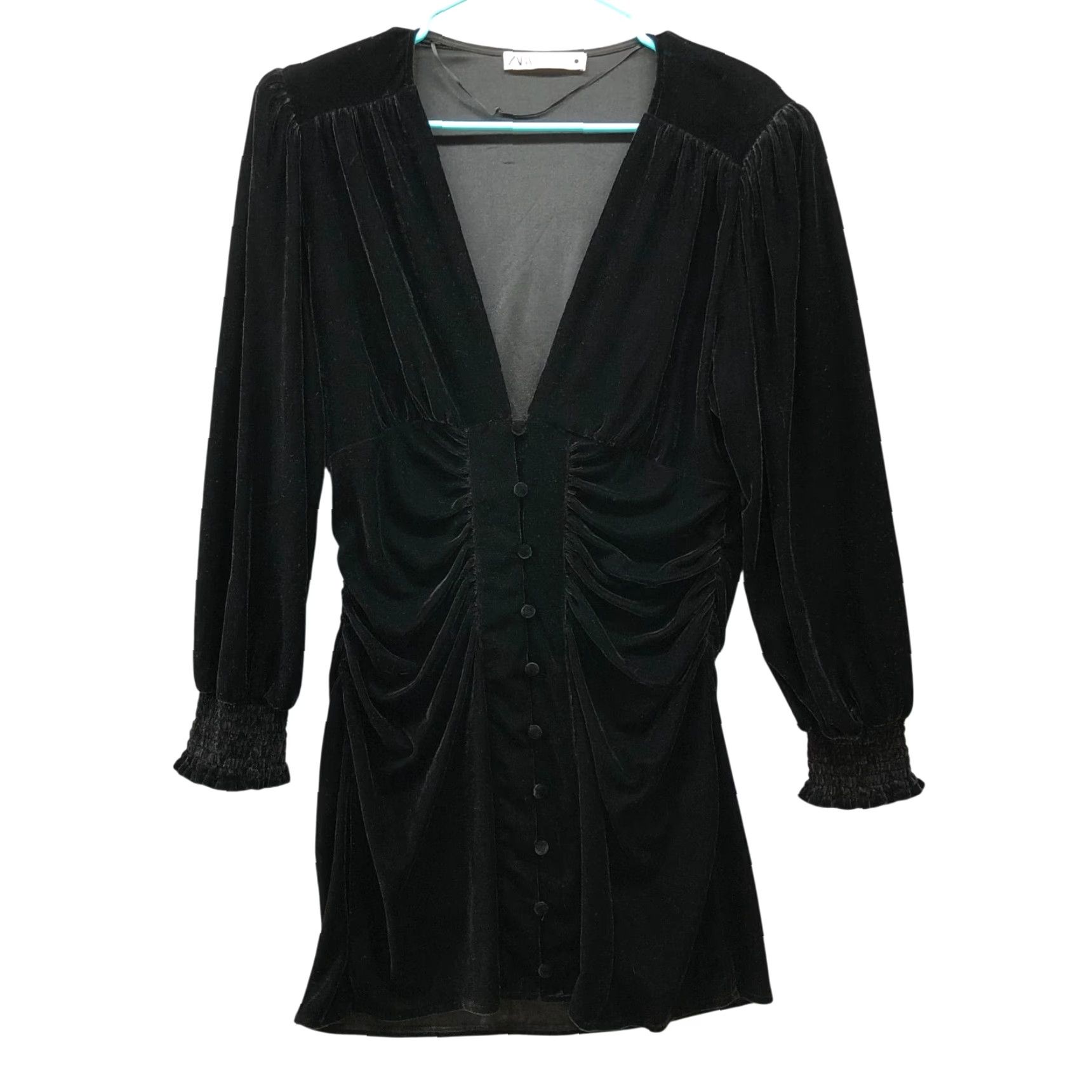 Zara Ruched Velvet Long Sleeve Mini Dress L Black V-Neck Button Victorian  Dress