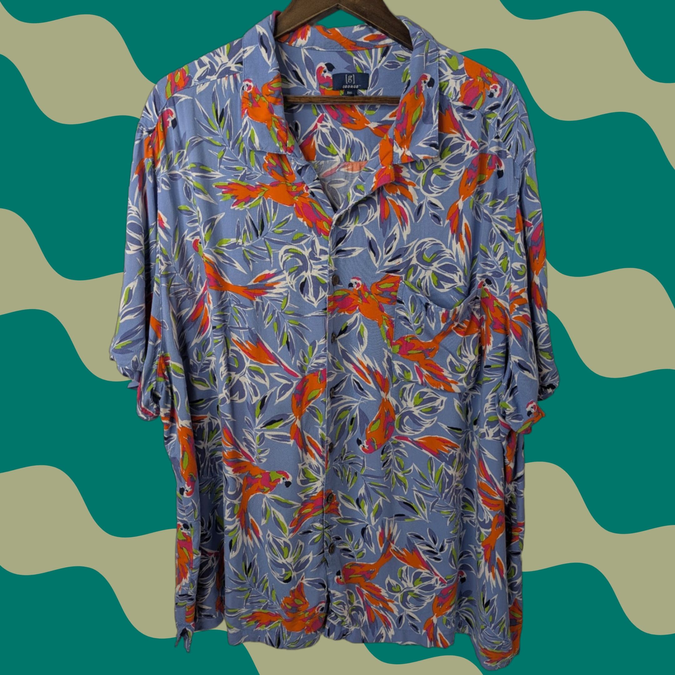 George George Shirt Mens 3XL Blue Palm Leaf Bird Of Paradise Rayon Camp Hawaiian Casual Button-Up Size US XXL / EU 58 / 5 - 1 Thumbnail