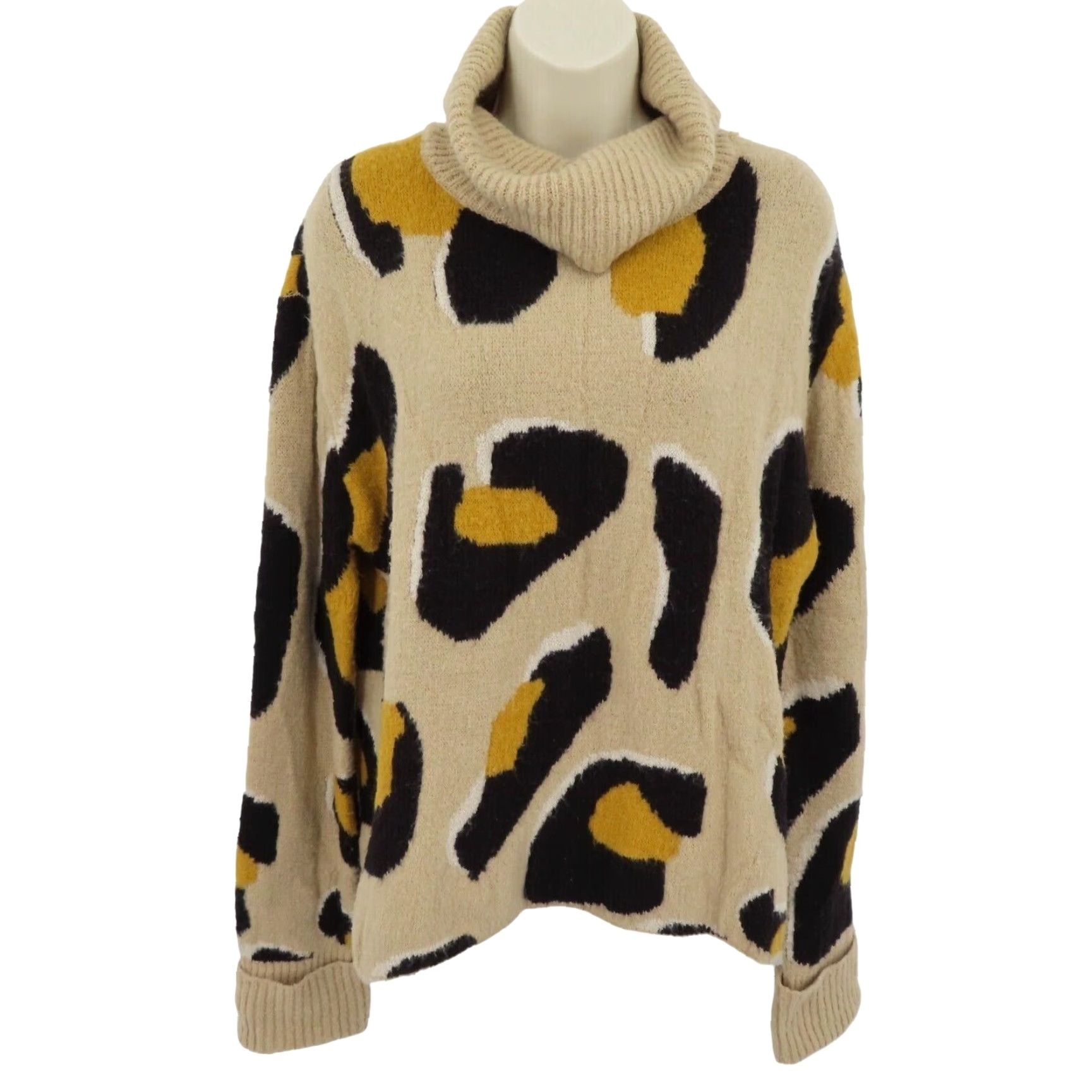 Anthropologie Moth Medium Beige Leopard Cheetah Animal Print Cowl Neck Knit Pullover Sweater Size M / US 6-8 / IT 42-44 - 2 Thumbnail