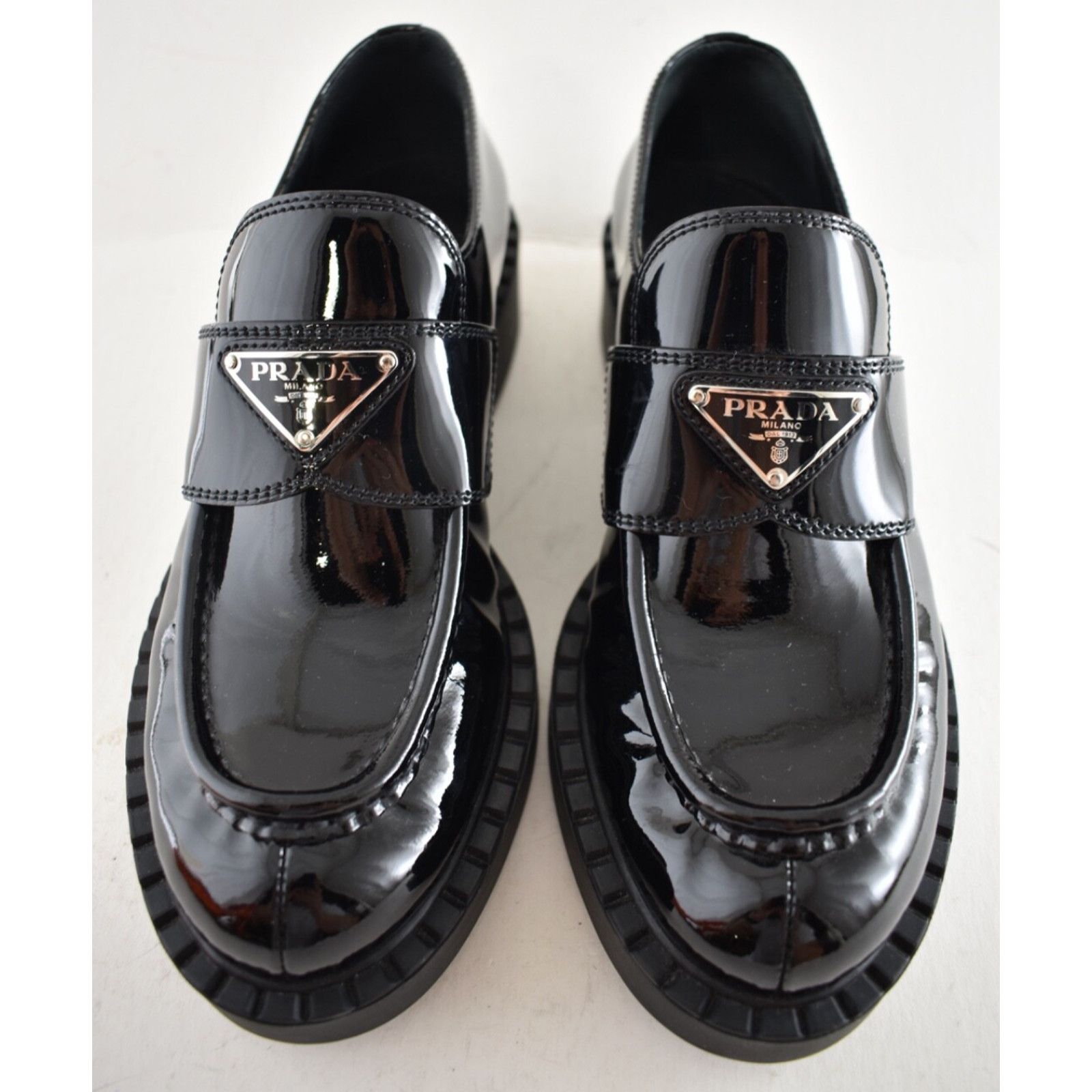 Prada Prada Chocolate Black Patent Leather Silver Logo Platform Size US 11.5 / IT 41.5 - 7 Thumbnail