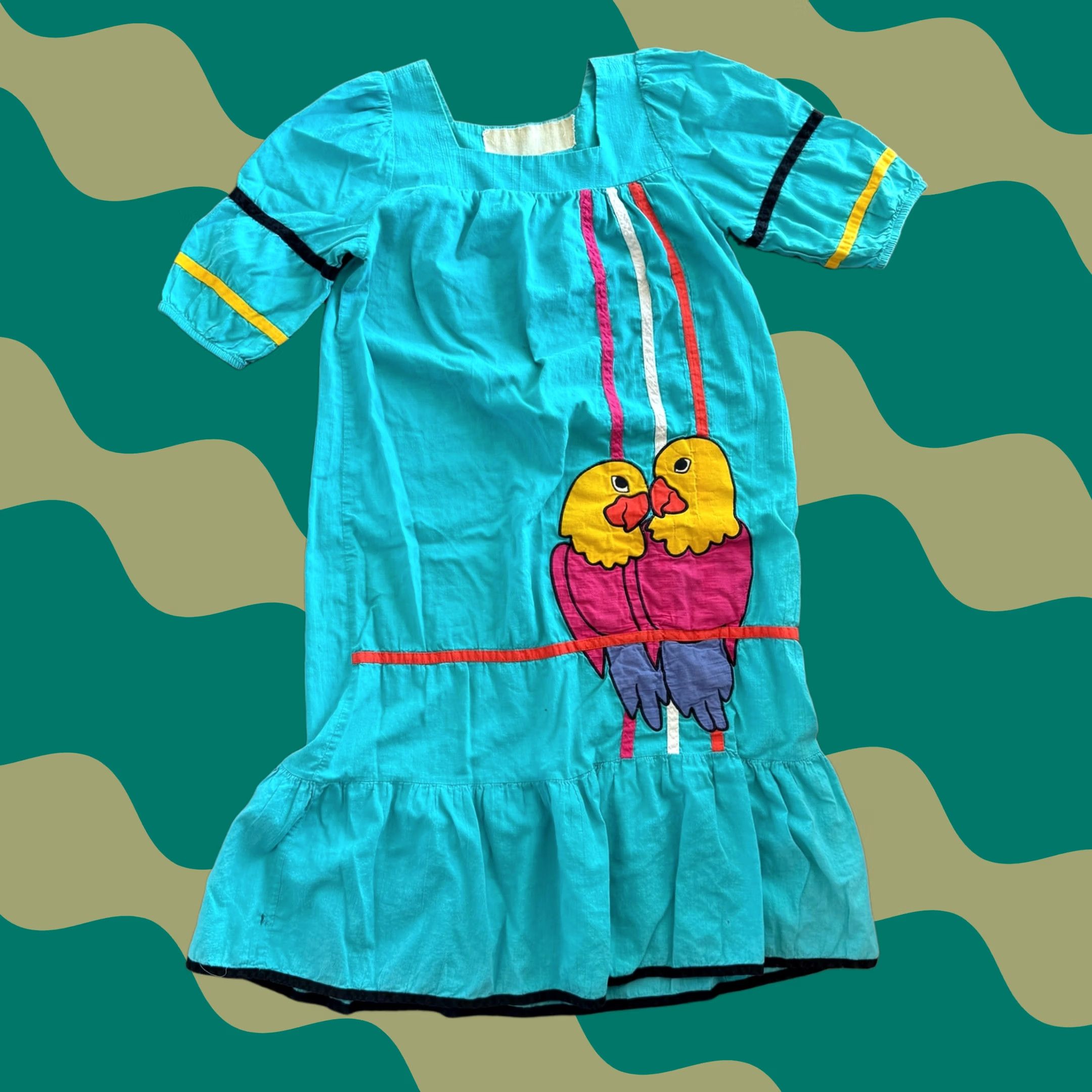 Vintage VINTAGE Embroidered Lovebirds Puff Sleeve Turquoise Ruffle Hem Dress L Womens L Sized Midi Dress Size L / US 10 / IT 46 - 1 Thumbnail