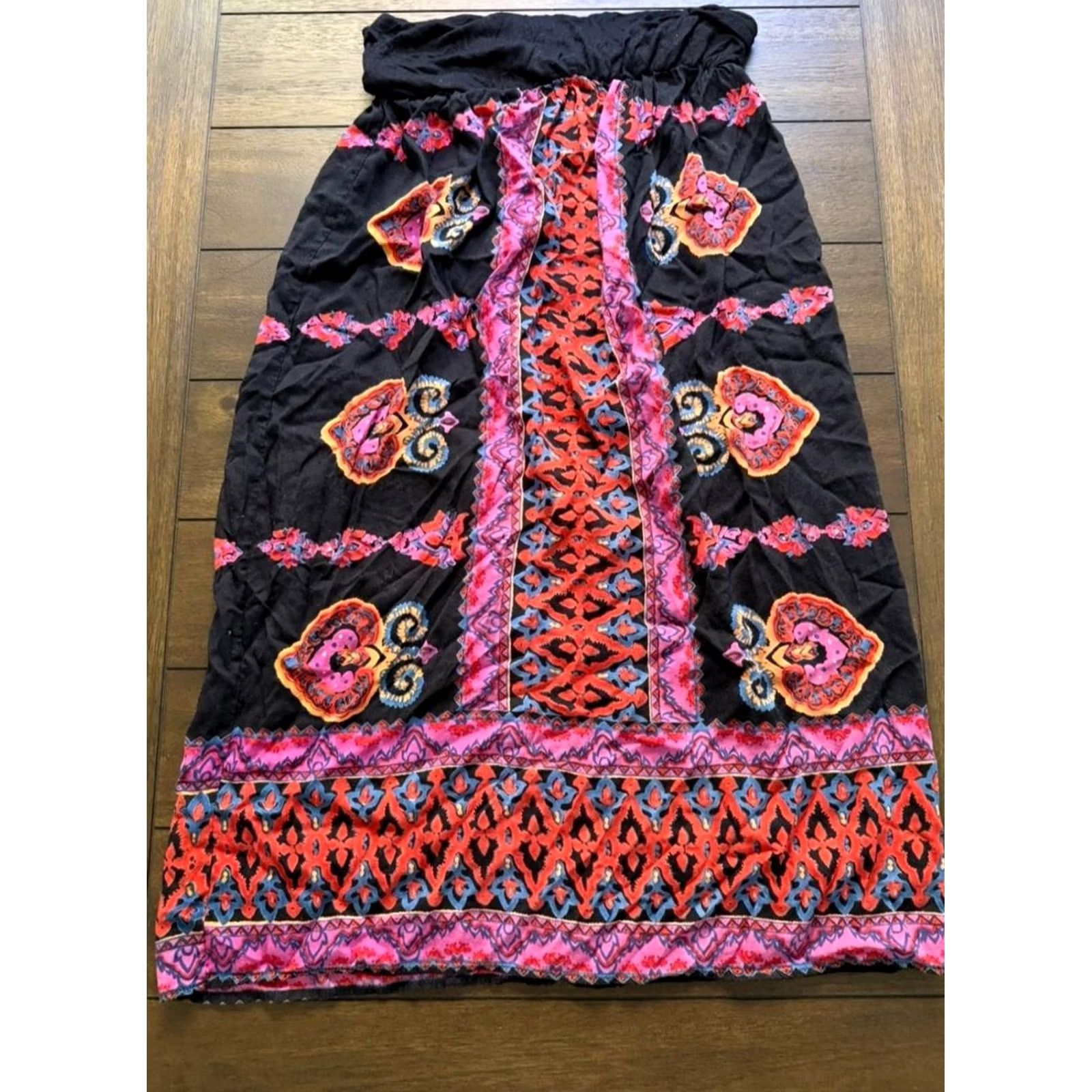 Vintage VINTAGE Angie Skirt Womens Small Black Boho Paisley Floral Print Smocked Waist Rayon Size 28" / US 6 / IT 42 - 2 Thumbnail