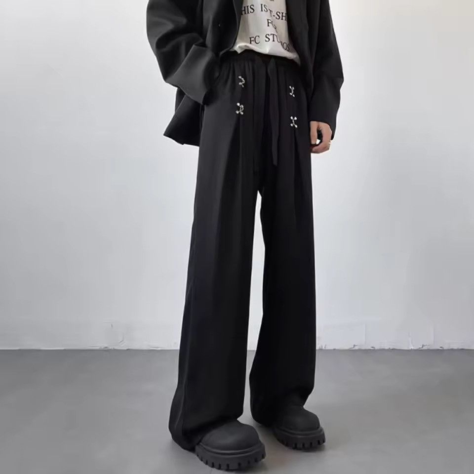 Japanese Brand Black Wide-Leg Pants – Drawstring Waist with Cross Detailing Size US 28 / EU 44 - 3 Thumbnail