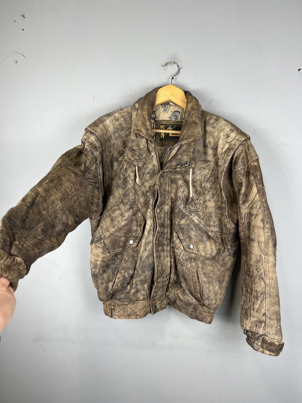 image of A2 Flyers Leather x Leather Jacket Vintage Multi Pocket Camo Leather Jacket G2 Style in Brown Camo 