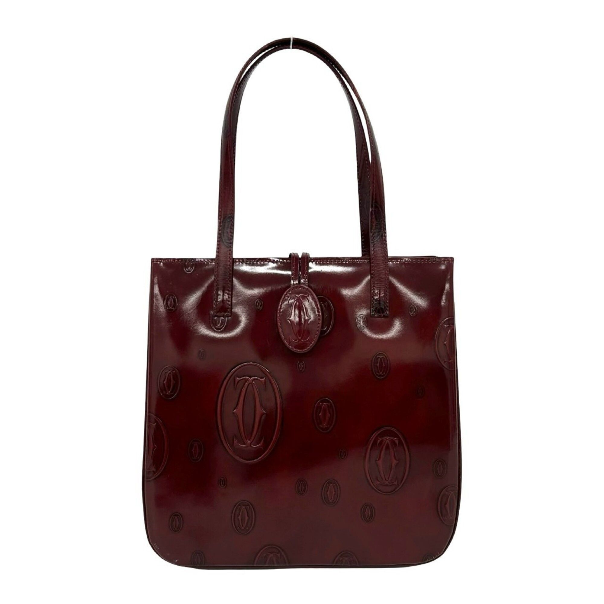 Cartier Happy Birthday Logo Embossed Patent Leather Handbag Mini Tote Bag Wine Red 175-3, Women's