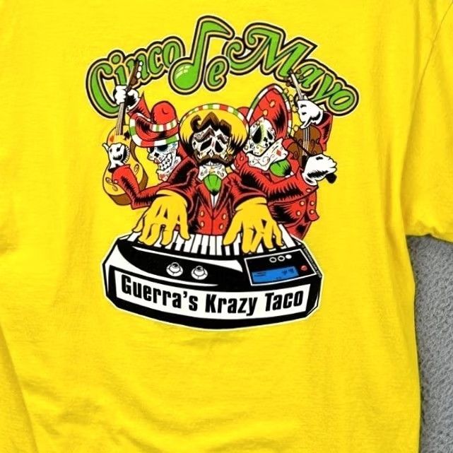 Fruit Of The Loom Cinco de Mayo Yellow T Shirt Size Large Graphic Guerra's Krazy Taco Mens Short Sleeve Crew Neck Cotton T-Shirt Vintage? No Size US L / EU 52-54 / 3 - 2 Thumbnail