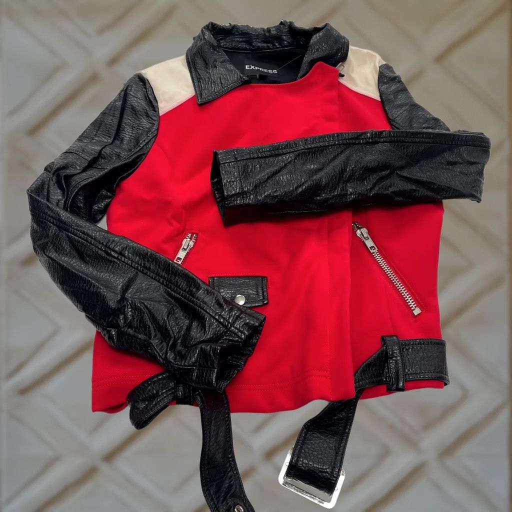 Express Express Jacket Womens Large Red Black Faux Leather Sleeves Zip Pockets Ladies Size L / US 10 / IT 46 - 1 Thumbnail