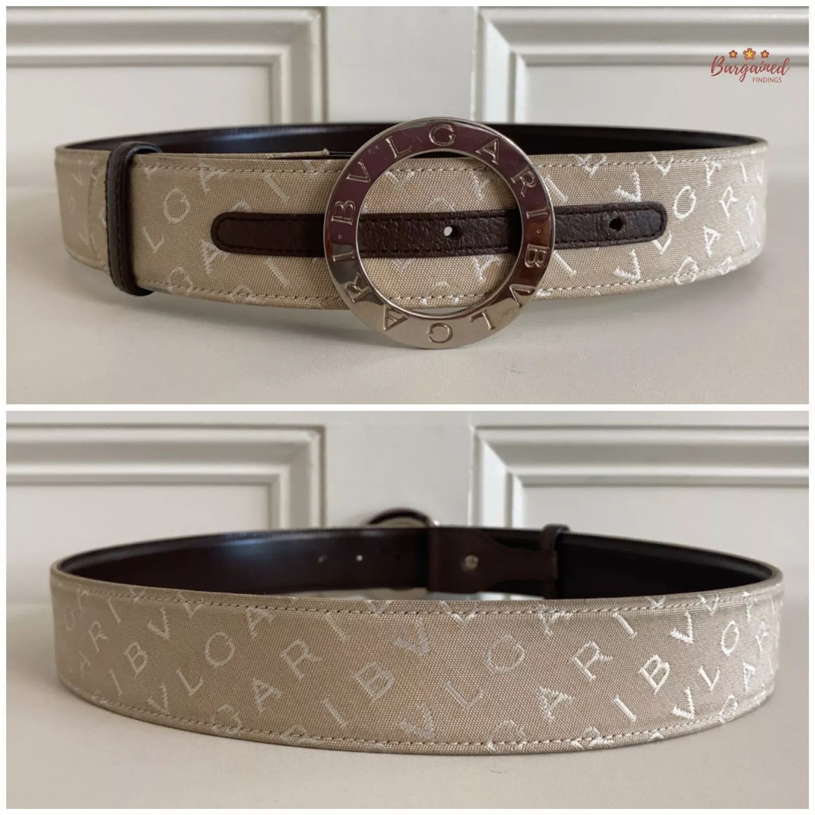 Bvlgari BVLGARI Beige Canvas Dark Brown Leather Silver Round Buckle Size 30 - 4 Thumbnail
