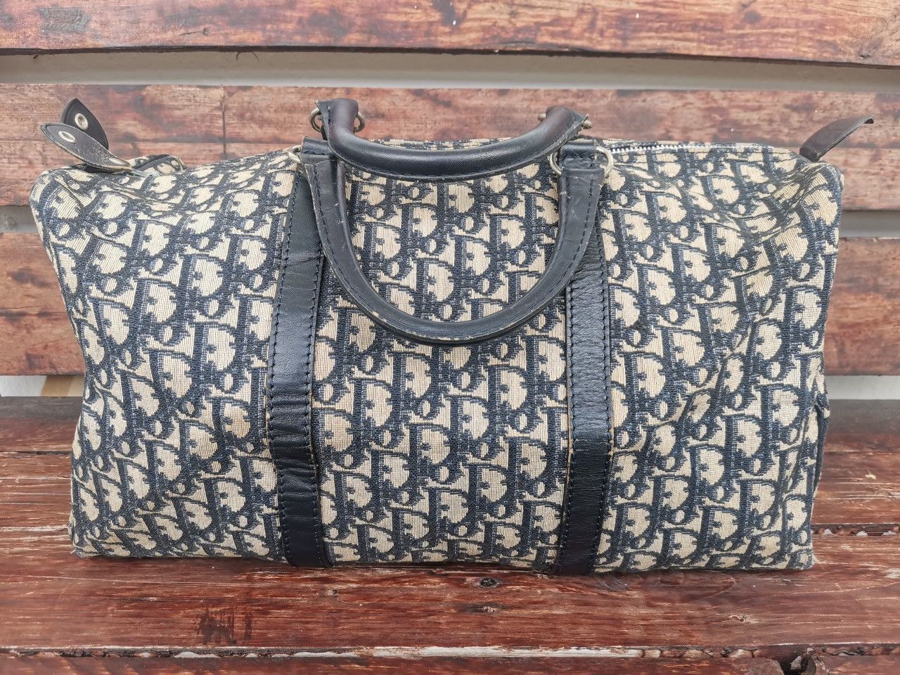 Vintage 80s Christian Dior Beige Trotter Monogram Duffle Bag