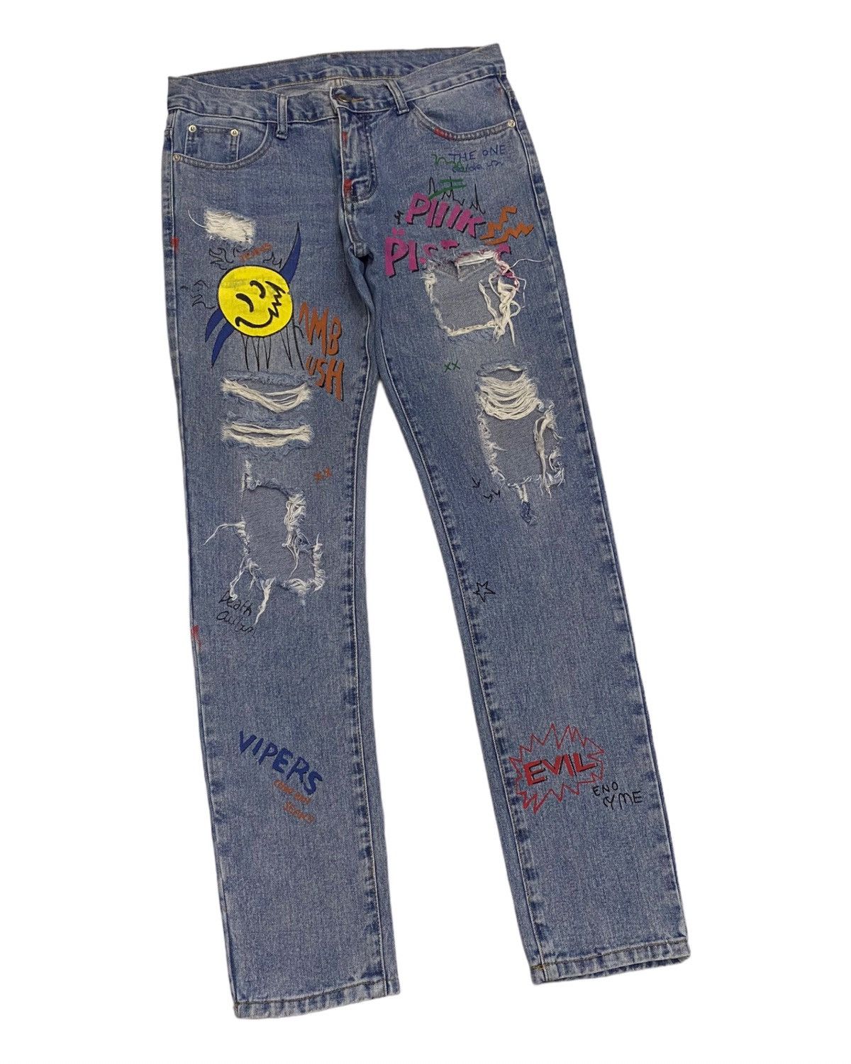 Hysteric Glamour × If Six Was Nine × Le Grande Bleu (L.G.B.) JAPANESE PUNK DISTRESSED DENIM SMILE OVERPRINTED JEANS Size US 33 - 5 Thumbnail