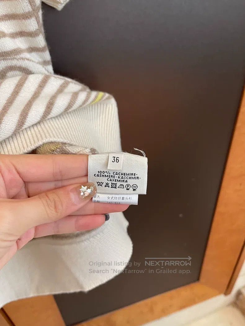 Other Hermes Beige Striped Cashmere Short Sleeve Knit Top Size XS / US 0-2 / IT 36-38 - 3 Thumbnail