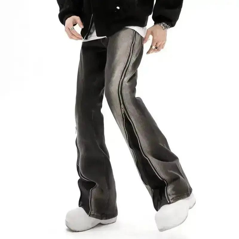 Japanese Brand Y2K Baggy Flared Jeans Zipper Slit Frayed Hip Hop Trousers Size US 32 / EU 48 - 2 Thumbnail