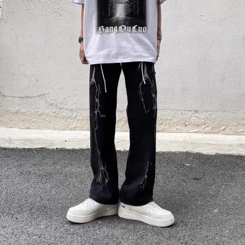 VIBE Black retro lightning print straight wide leg jeans Size US 30 / EU 46 - 3 Thumbnail
